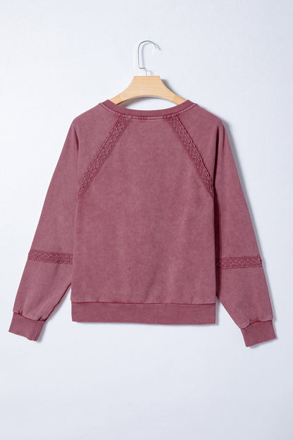 Sail Blue Lace Patchwork Detail Notched Neck Mineral Wash Baggy Sweatshirt