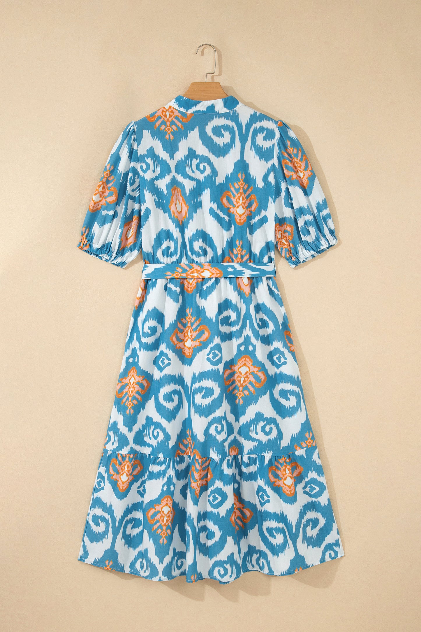 Sky Blue Boho Floral Print Short Puff Sleeve Button Down Ruffle Hem Midi Dress