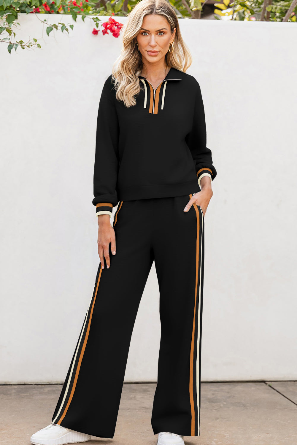 Gray Striped Patchwork Quarter Zip Pullover Loose Pant Set