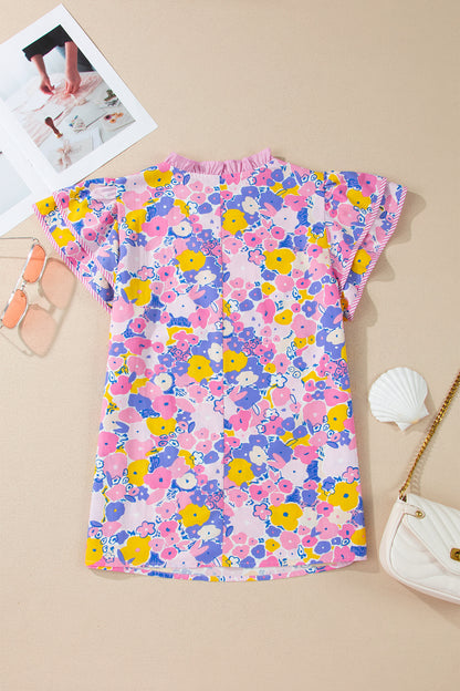 Pink Playful Floral Print Striped Color Block Patchwork V Neck Flutter Sleeve Blouse