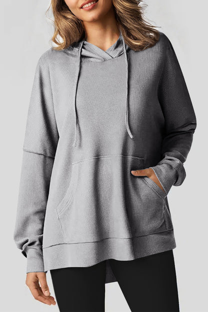 Black Waffle Knit Fleece Lined High Low Oversized Hoodie