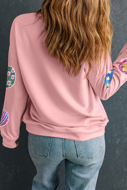 Pink Sequined Easter Egg Patched Pullover Sweatshirt