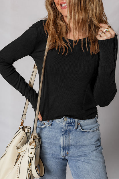 Burgundy Exposed Seam Ribbed Long Sleeve Top