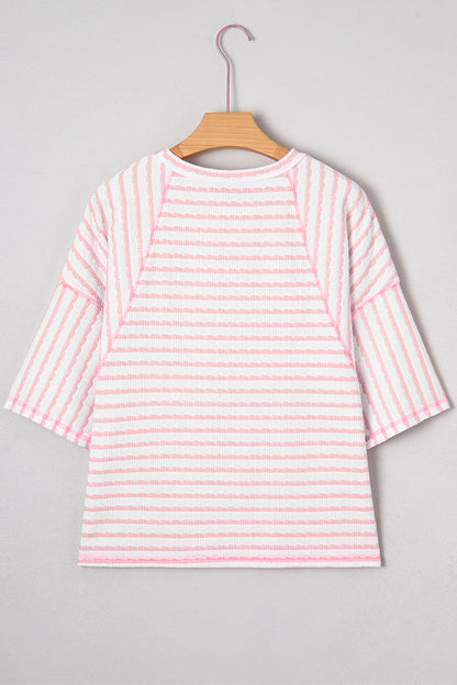 Pink Stripe Plus Size Textured Patchwork Detail Half Sleeve Top