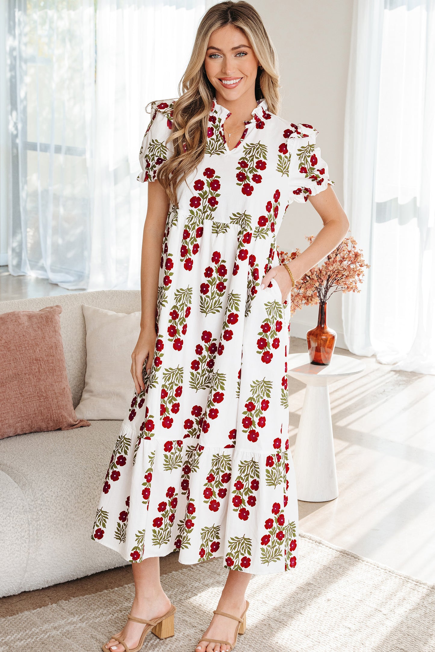 Black Floral Short Bubble Sleeve Tiered Maxi Dress