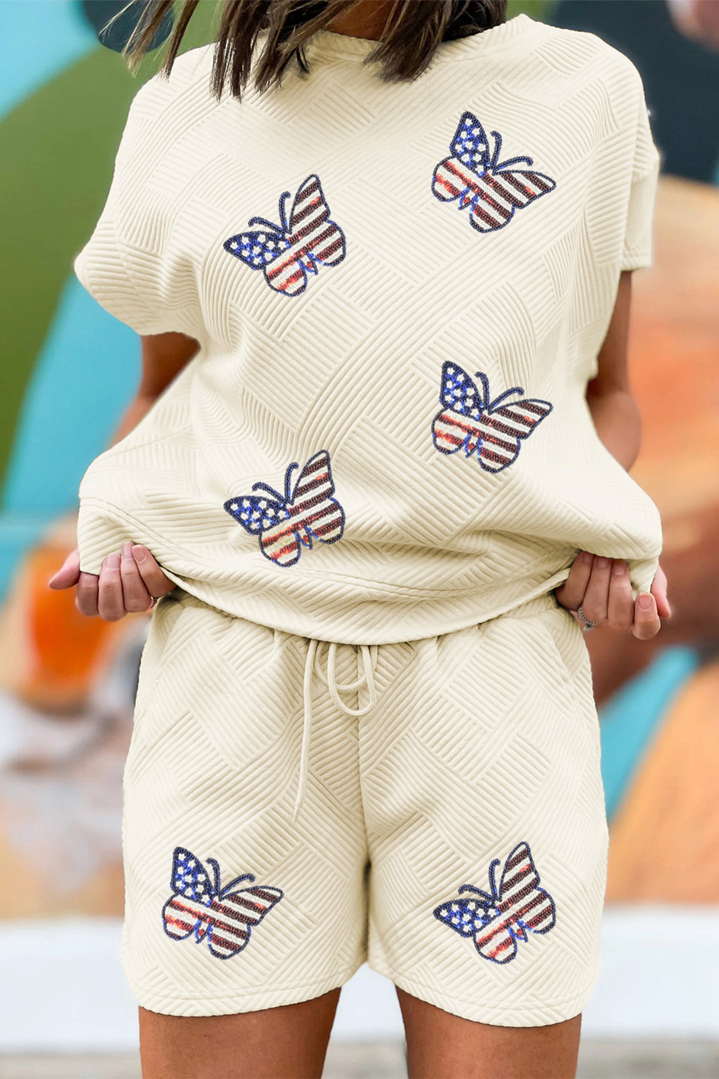 Apricot Patriotic Sequin Butterfly Graphic Stylish Textured Short Set