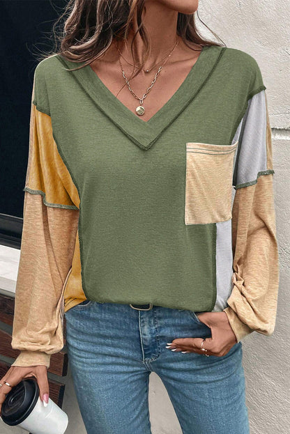 Sail Blue Exposed Stitching Colorblock V Neck Long Sleeve Top