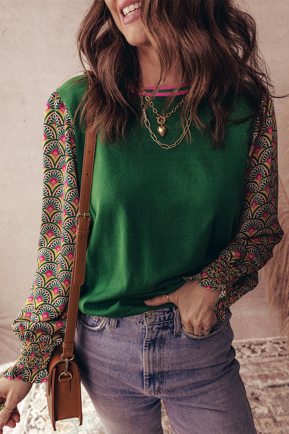 Apricot Floral Patchwork Shirred Cuff Puff Sleeve Sweater