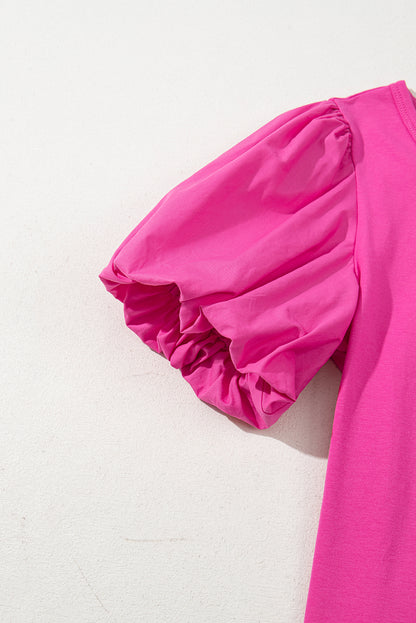 Strawberry Pink Casual Round Neck Bubble Sleeve T-shirt