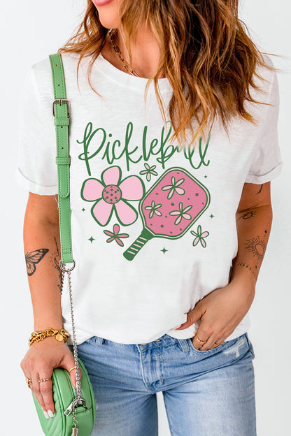 White Pickleball Sweet Flower Printed T Shirt