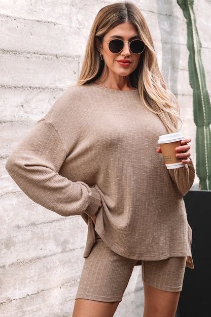 Dark Khaki Ribbed Balloon Sleeve Pullover Top and Biker Knitted Short Set