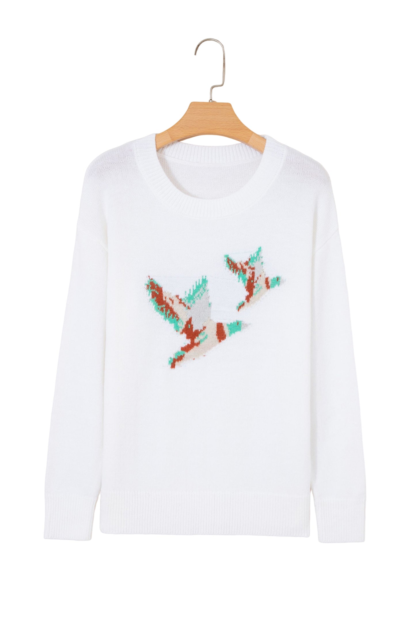 White Drop Shoulder Round Neck Long Sleeve Pullover Sweater