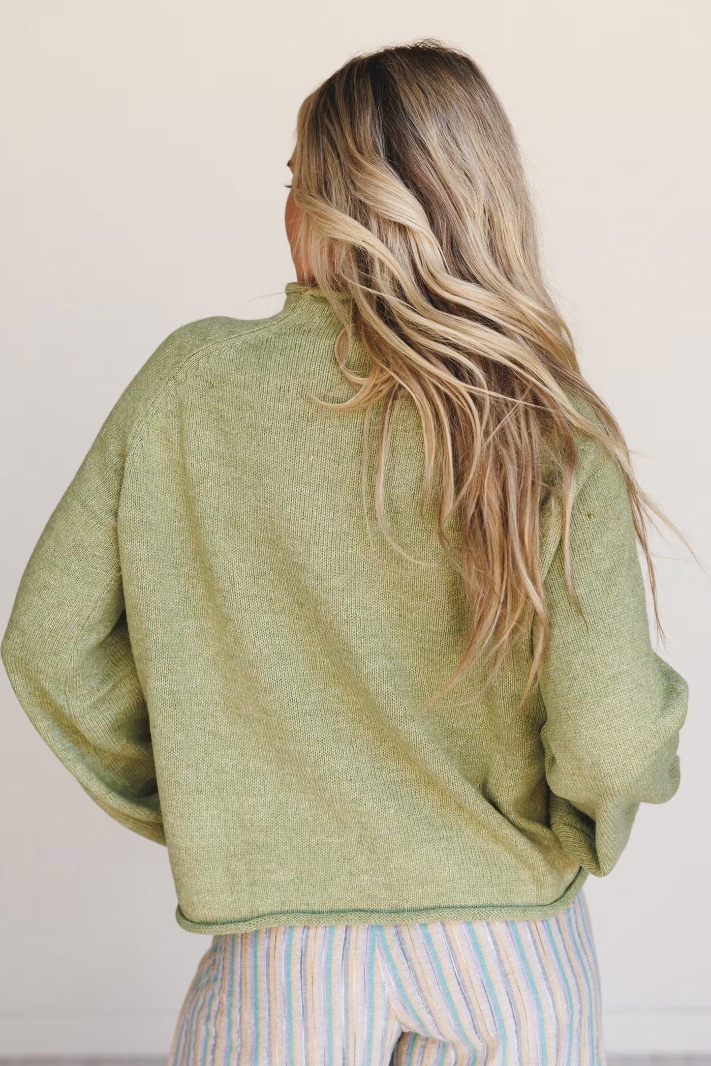 Meadow Mist Green Unique Fish Knit Oversized Round Neck Sweater