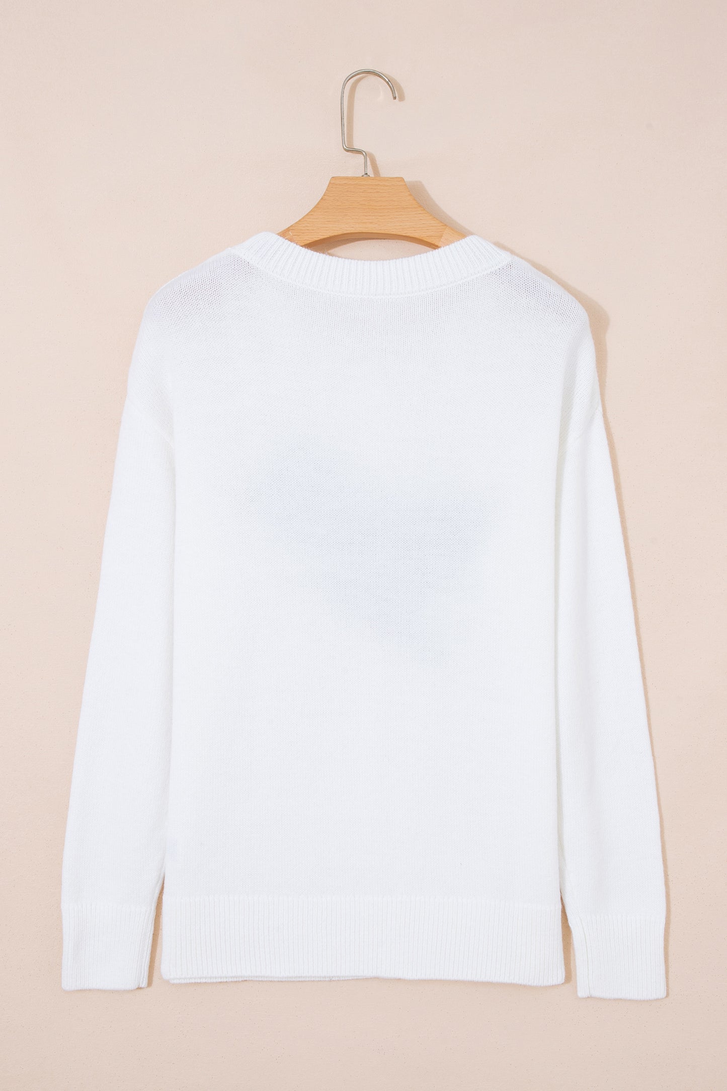 White Drop Shoulder Round Neck Long Sleeve Pullover Sweater