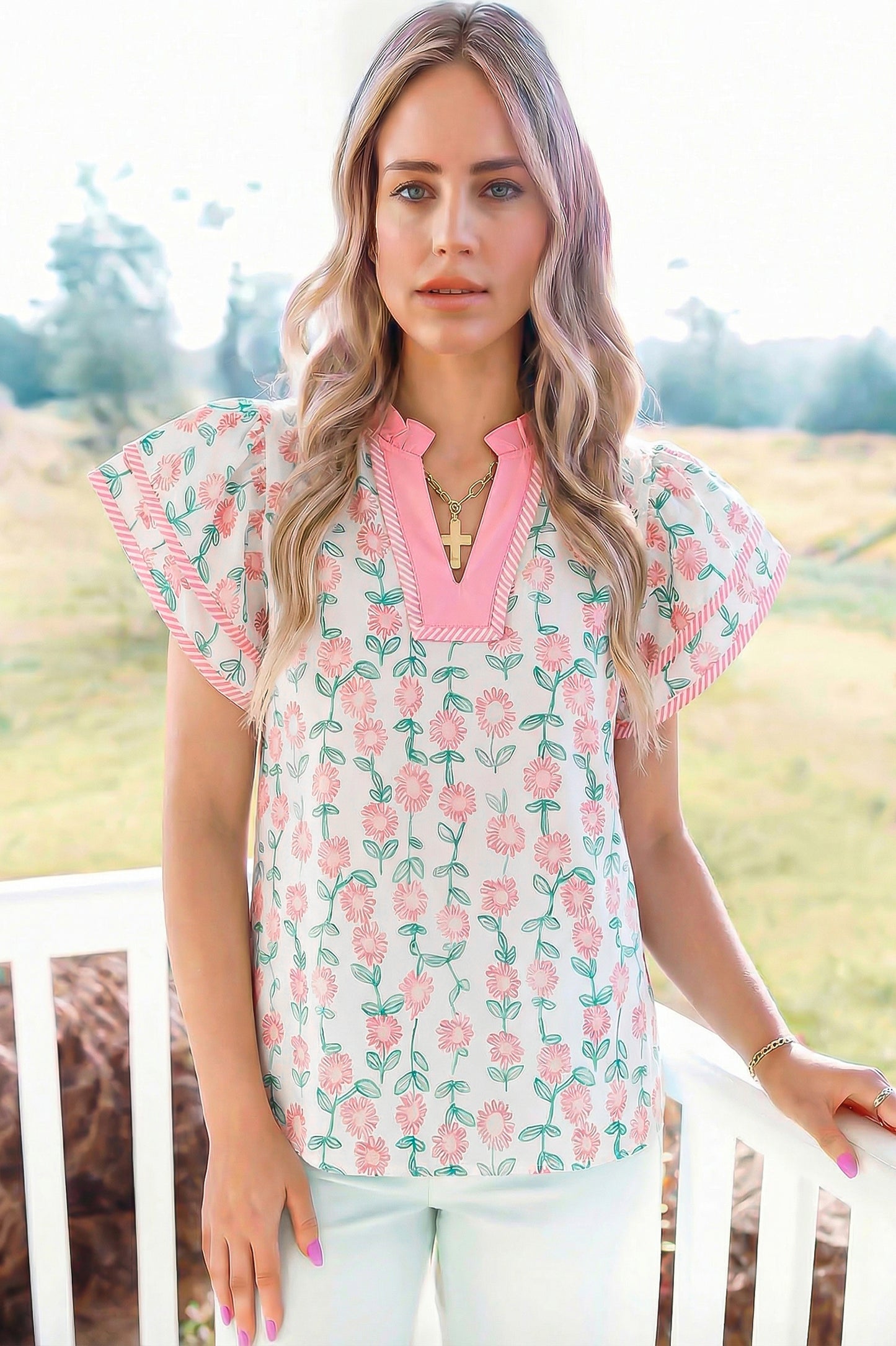 Green Floral Print Striped Detail Contrast V Neck Patchwork Flutter Sleeve Blouse