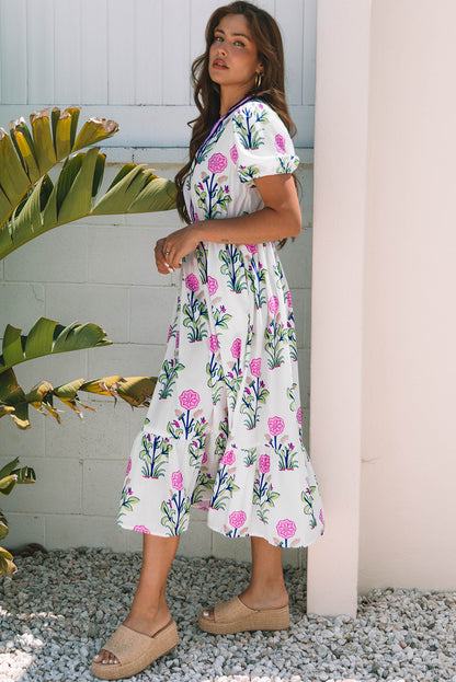 Blue Floral Puff Short Sleeve V Neck High Waist Maxi Dress
