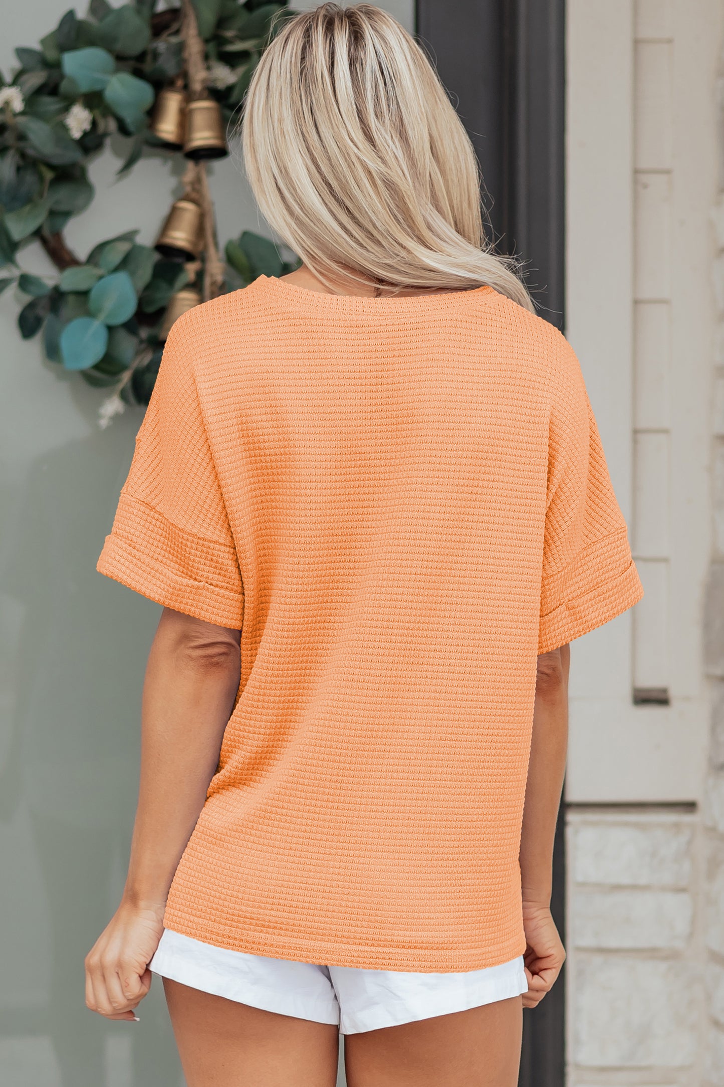 Strawberry Pink Waffle V Neck Short Sleeve Knit Top