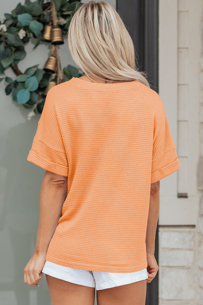 Strawberry Pink Waffle V Neck Short Sleeve Knit Top