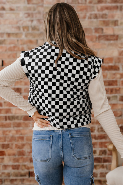 Black Double Checked Stand Collar Cropped Puffer Vest