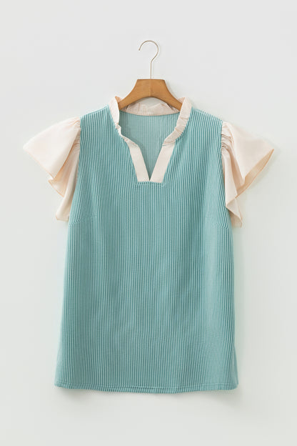 Rose Pink Plus Size Contrast Frilled Neckline Ruffled Short Sleeve Ribbed Textured Blouse
