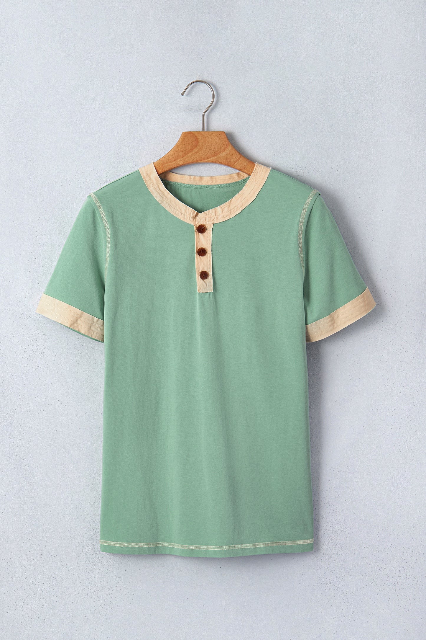 Mint Green Raw Seam Color Block Detail Buttoned Henley Tee