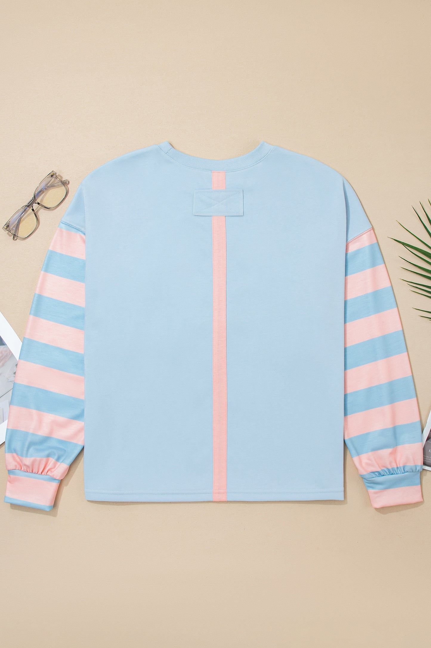 Beau Blue Big Flower Patch Drop Shoulder Striped Long Sleeve Top