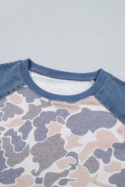 Multicolour Camouflage Print Denim Color Block Sleeve Casual Tee