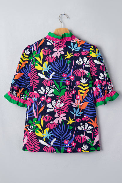 Rose Floral Print Frilled Contrast Striped Trim V Neck Short Sleeve Blouse