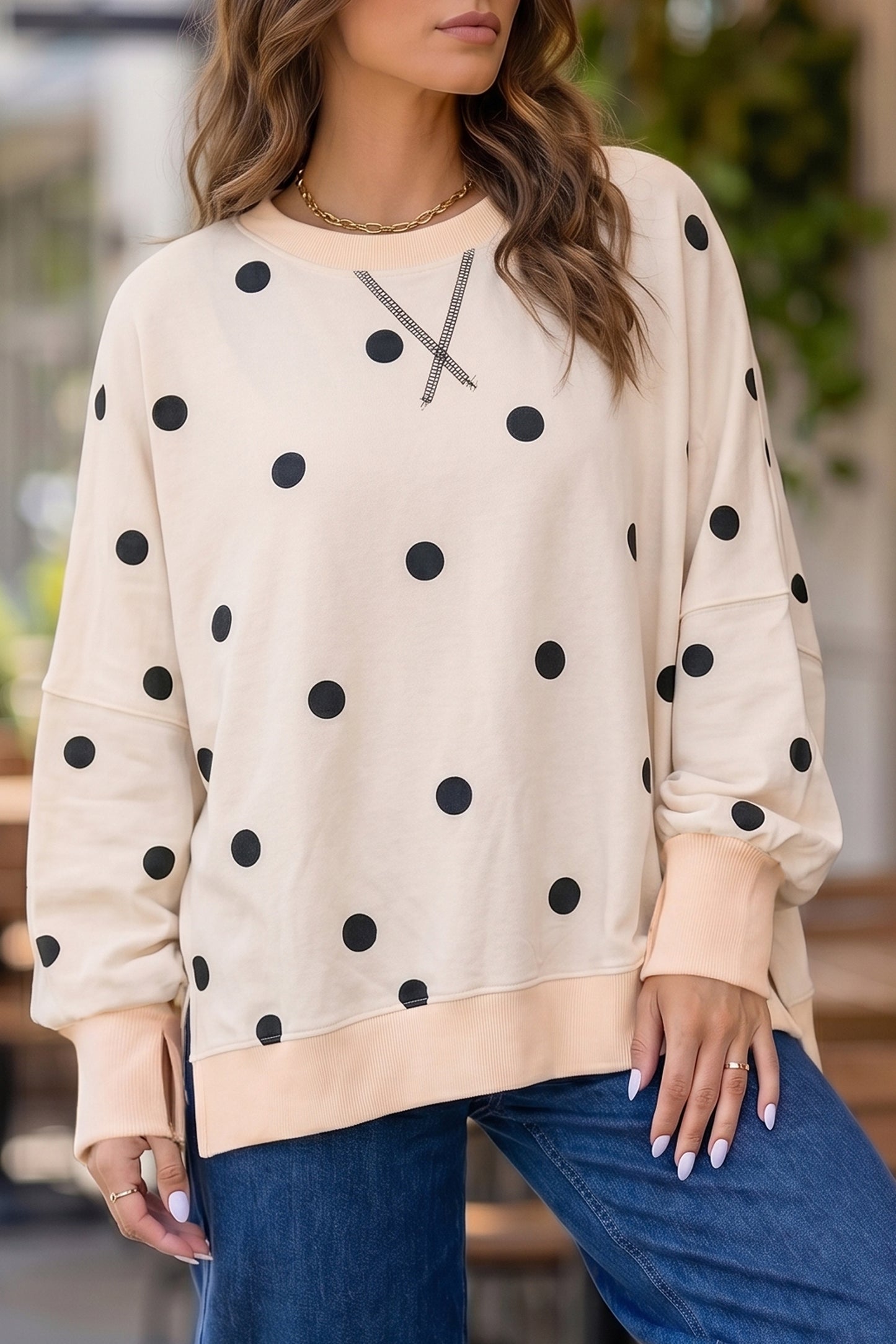 Beige Loose-fit Long Sleeve Round Neck Polka Dot Tunic Sweatshirt
