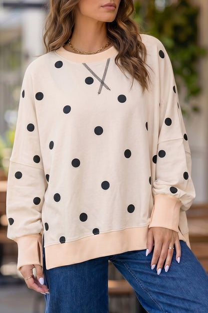 Beige Loose-fit Long Sleeve Round Neck Polka Dot Tunic Sweatshirt