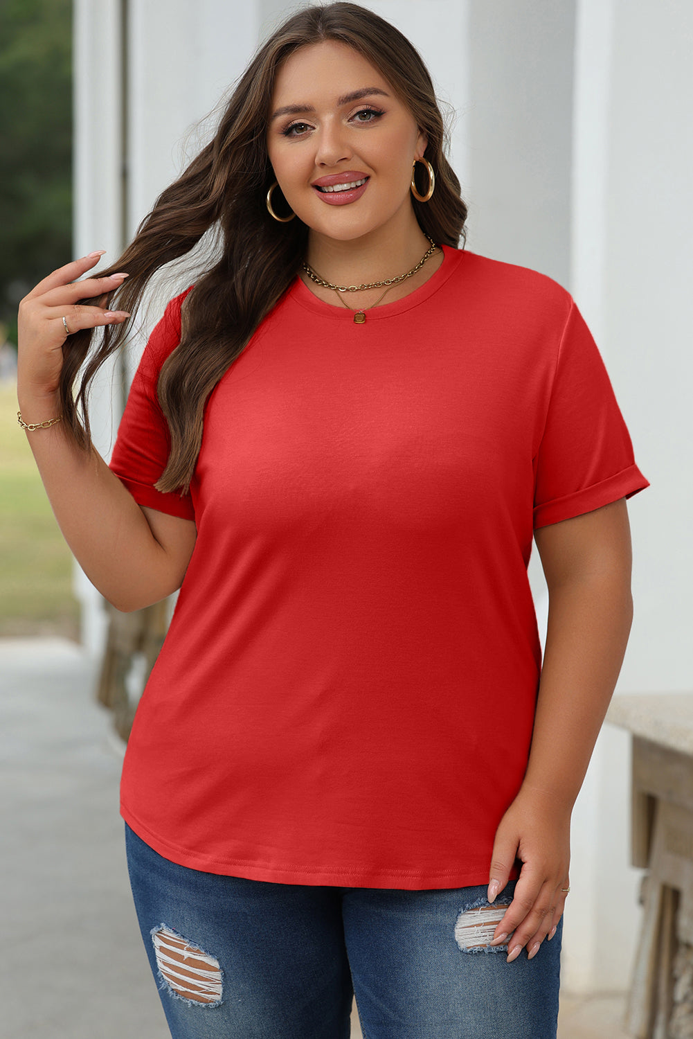 Sachet Pink Bright Casual Plain Crew Neck Tee