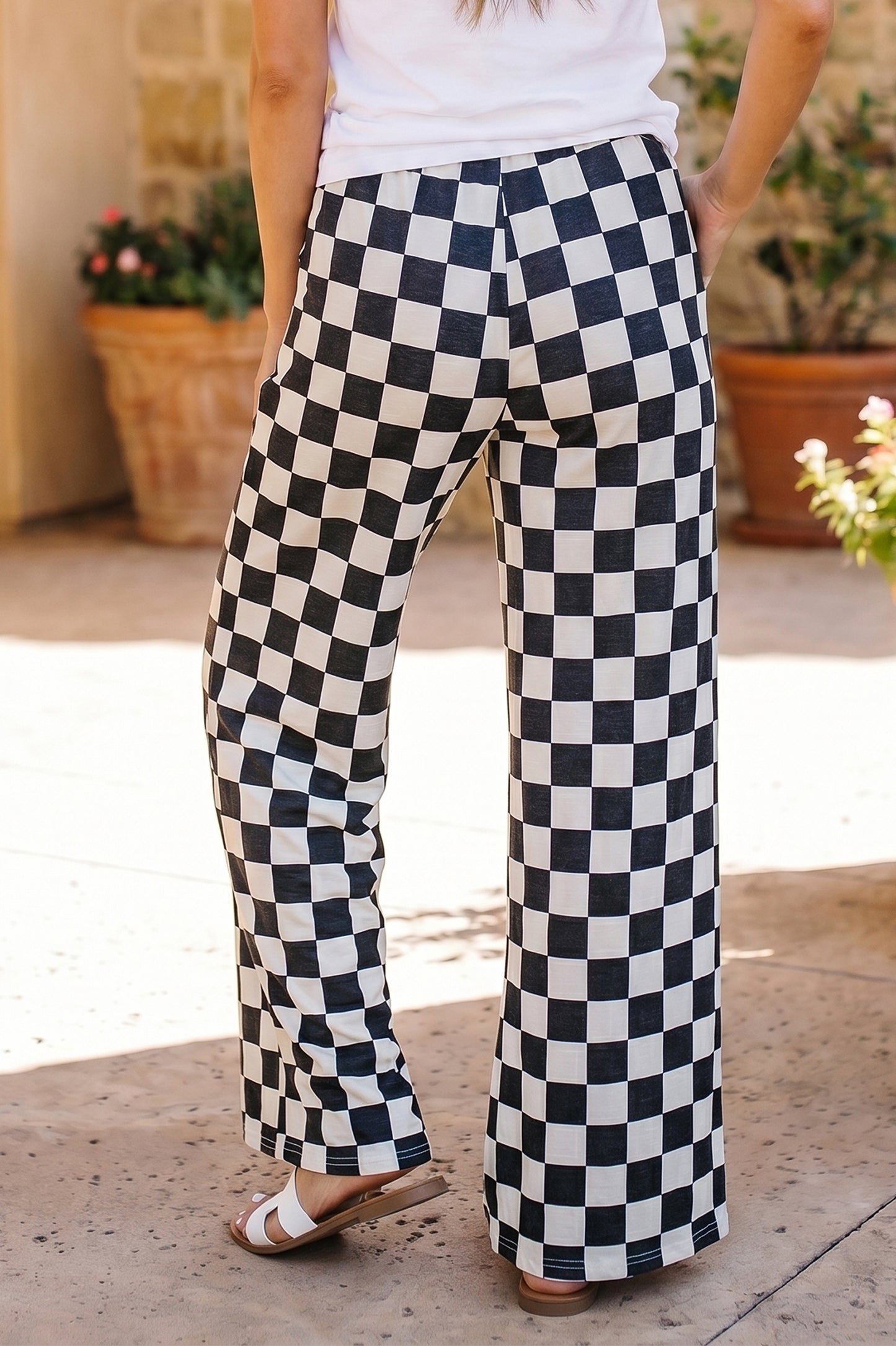 Red 2-Tone Checked Print High Waist Wide Leg Pants