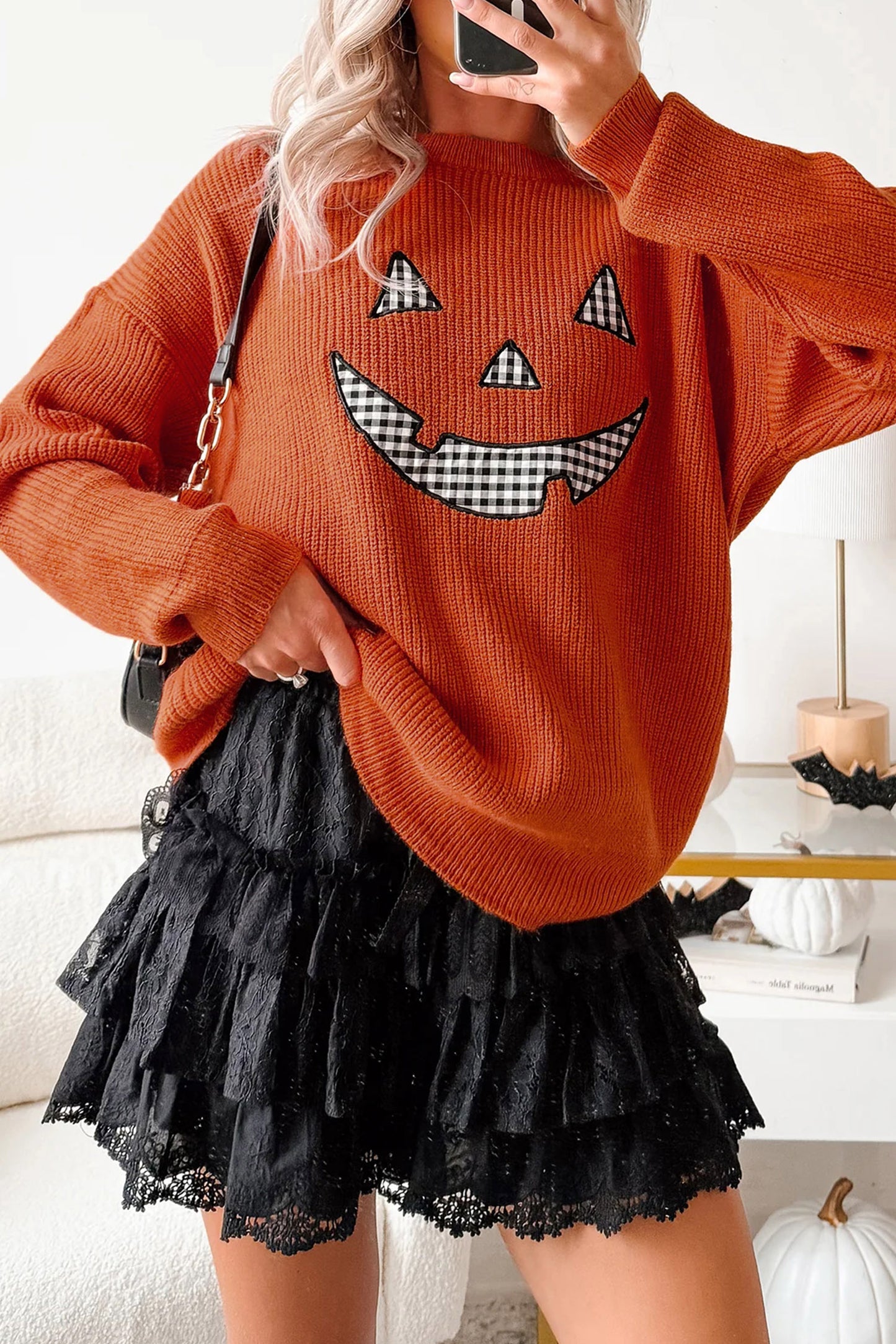 Orange Drop Shoulder Long Sleeve Round Neck Halloween Sweater