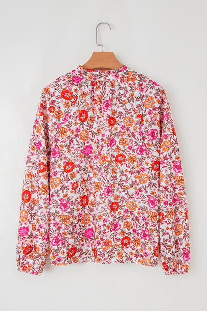 Pink Floral Print Tie Split Neck Bracelet Sleeve Blouse