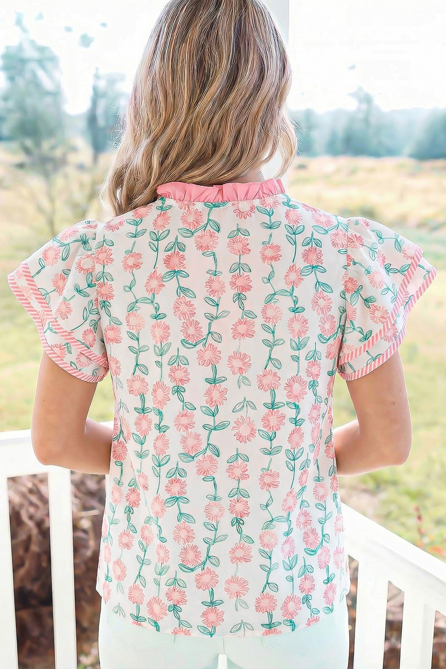 Green Floral Print Striped Detail Contrast V Neck Patchwork Flutter Sleeve Blouse
