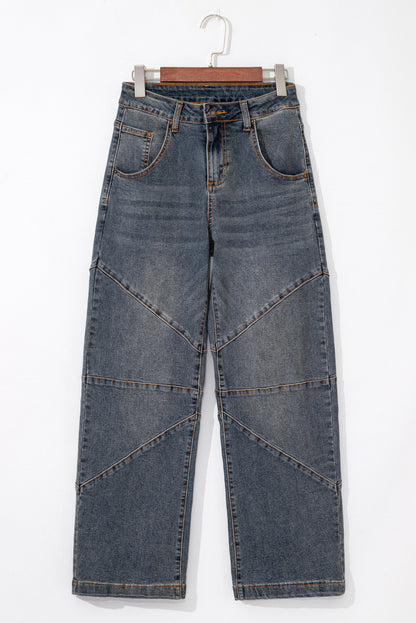 Sail Blue Exposed Stitching Loose Straight High Waist Barrel Jeans