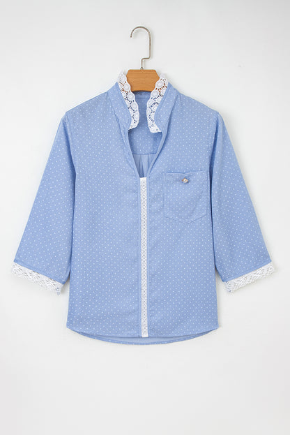 Beau Blue Lace Trim Patchwork Dotted Print Collared Denim Blouse