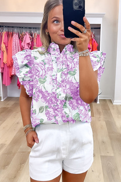 Sky Blue Floral Print Ruffle Sleeve Frilly Button Up Shirt