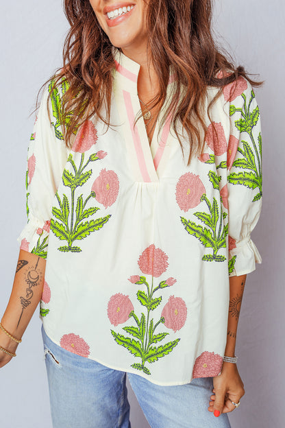 Green Casual Wild Flower Print V Neck 3/4 Sleeve Blouse