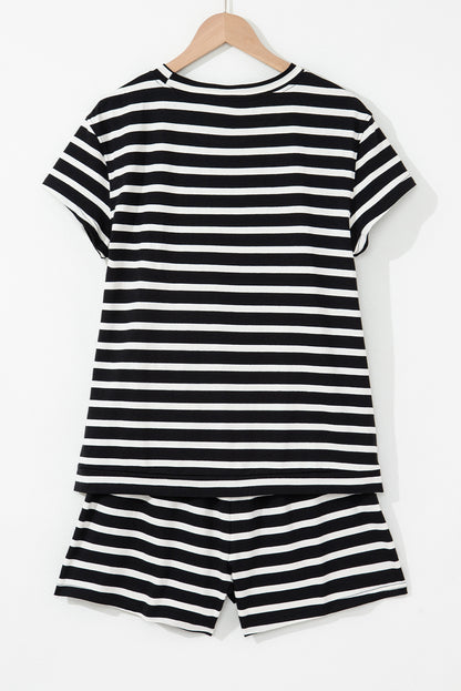 Black White Striped Short Sleeve Top and Shorts Set