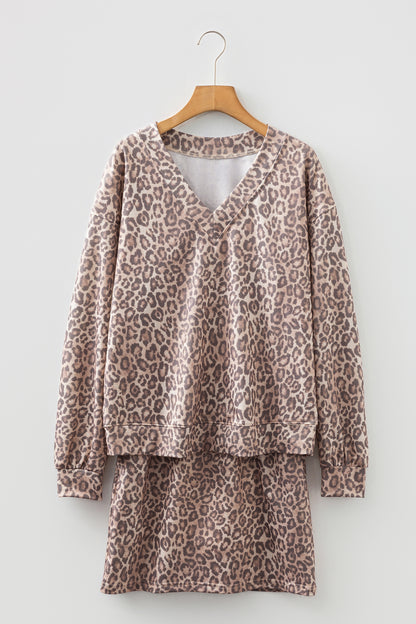 Light French Beige Leopard Print V Neck Pullover Mini Skirt 2pcs Set