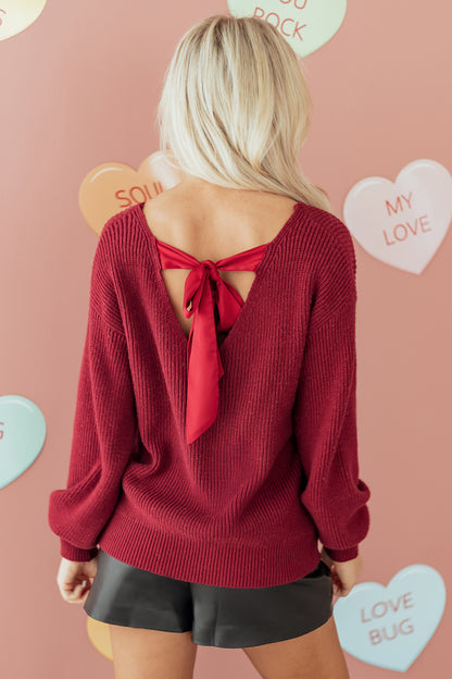 Black Ribbed Knit Ribbon Knot Backless Drop Shoulder Sweater