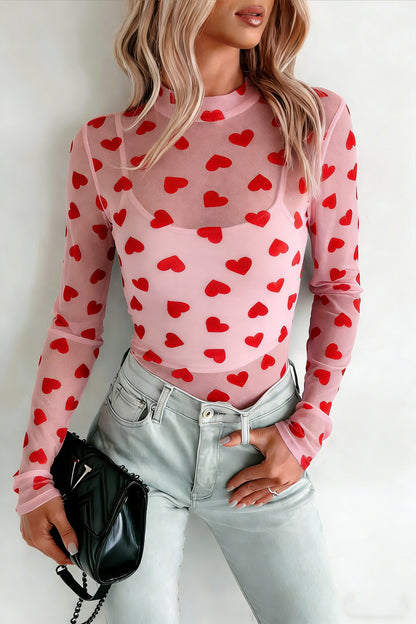 Black Valentines Heart Printed Sheer Mesh Long Sleeve Top