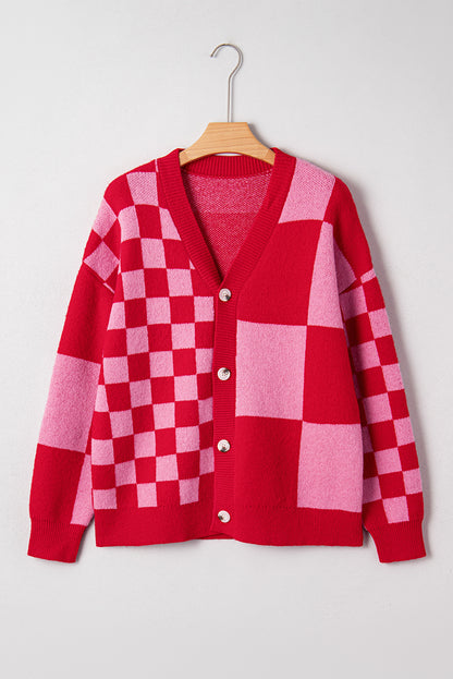Fiery Red Mixed Plaid Relaxed Sweater Cardigan