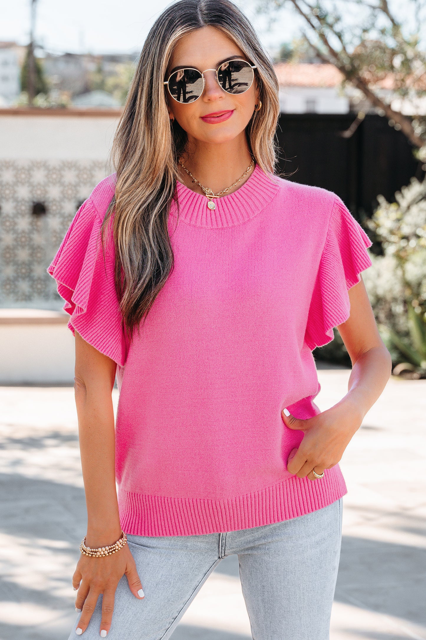 Beau Blue Solid Color Ribbed Trim Round Neck Ruffle Short Sleeve Sweater