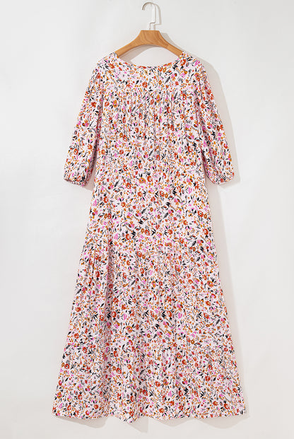 Red Boho Half Sleeve Floral V Neck Maxi Dress