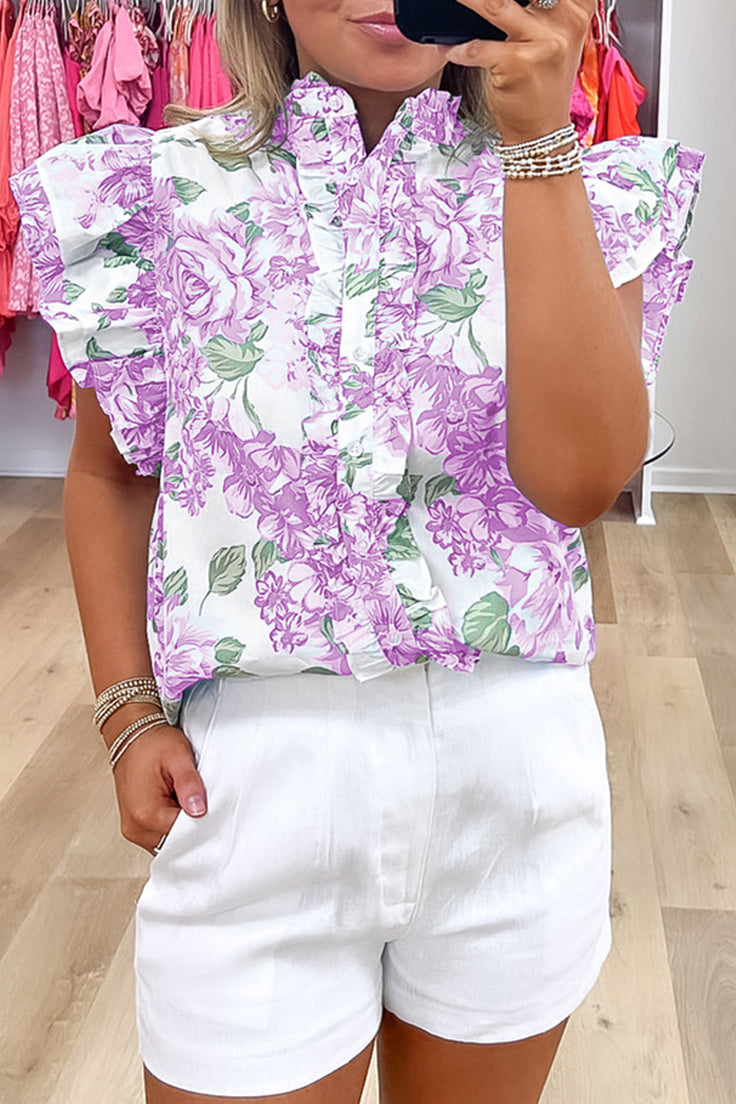 Sky Blue Floral Print Ruffle Sleeve Frilly Button Up Shirt