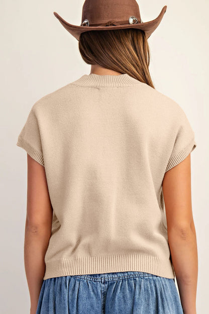 White Corded Horseshoes Ribbed Trim Mock Neck Short Sleeve Sweater