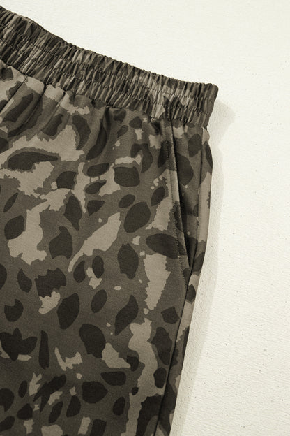Brown Leopard Print Crew Neck Short Set